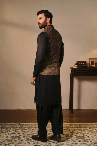Manto Men's Black Printed Waistcoat with Urdu Calligraphy