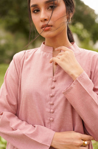 Manto Women's 2 Piece Mauve Pink Solid Kalidaar Co-ord Set with Paneled Shirt with Loop Buttons