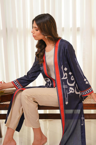 Shopmanto, wear manto, manto clothing brand, manto pakistan, ladies clothing brand, urdu calligraphy clothing, wear manto shades of dusk women front open upper cape sooraj shrug with urdu calligraphy
