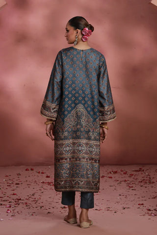 Manto Women's Festive Wear 3 Piece Raw Silk Grey Set with Urdu Calligraphy