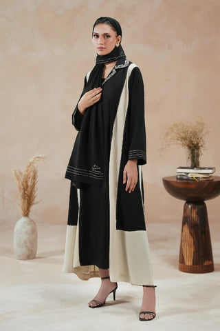 Manto Women's Black Embroidered Scarf Paired with Black & Beige Outfit