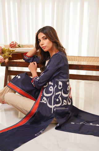 Shopmanto, wear manto, manto clothing brand, manto pakistan, ladies clothing brand, urdu calligraphy clothing, wear manto shades of dusk women front open upper cape sooraj shrug with urdu calligraphy
