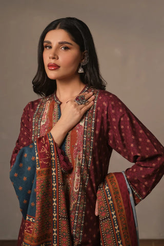 Women's Printed Maroon 3-Piece set with Motifs and Urdu Calligraphy