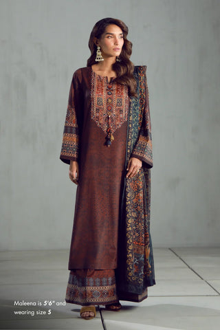 Women's Ready to Wear Printed Brown 3 Piece Set with Urdu Calligraphy