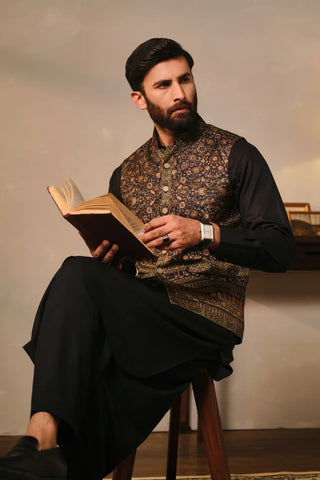 Manto Men's Black Printed Waistcoat with Urdu Calligraphy