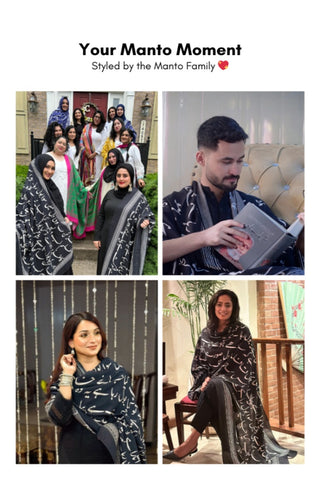 Manto Family UGCs of Shopmanto, wear manto pakistani clothing brand women ready to wear black urdu bol odhni dupatta long scarf shawl, pakistani urdu dupatta with calligraphy throughout dupatta
