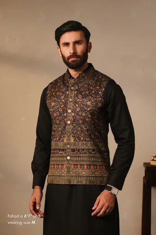 Manto Men's Black Printed Waistcoat with Urdu Calligraphy