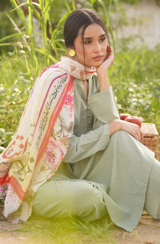 Manto Women's 2 Piece Sage Green Solid Kalidaar Co-ord Set Paired with Arzoo Scarf