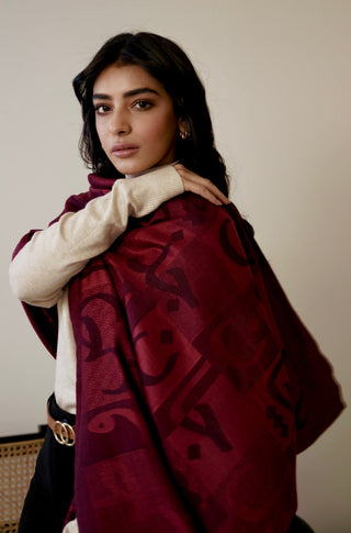 Shopmanto, wear manto, manto clothing brand, manto pakistan, ladies clothing brand, urdu calligraphy clothing, Manto urdu calligraphy unisex jazba weaved winter muffler stole maroon, winter collection, acrylic, wool