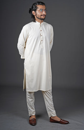 Boski White 2 Piece Suit For Men With Traditional Sherwani Collar Also Known As Chinese Collar In A Classy Minimalist Design by WearManto