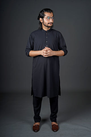 Jet Black Manto Two Piece Shalwar Kurta Suit For Men With Sherwani Chinese Collar Design And Ultra Comfortable Material 