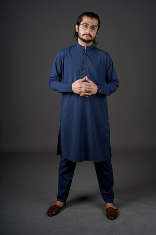 Midnight Royal Navy Blue Manto Two Piece Shalwar Kurta Suit For Men With Sherwani Collar Design And Ultra Comfortable Material 