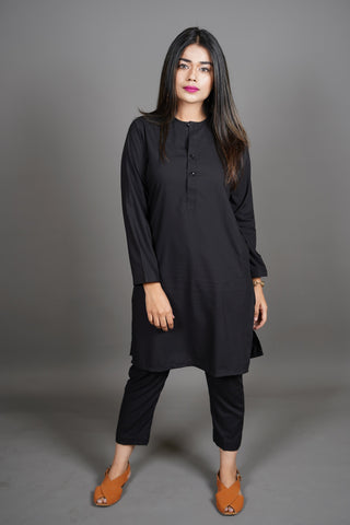 Jet Black Manto Two Piece Shalwar Kurta Suit For Women With Lucknow Collarless Design And Ultra Comfortable Material 