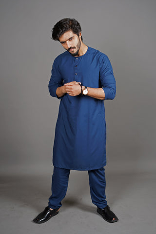 Midnight Royal Navy Blue Manto Two Piece Shalwar Kurta Suit For Men With Lucknow Collarless Design And Ultra Comfortable Material 