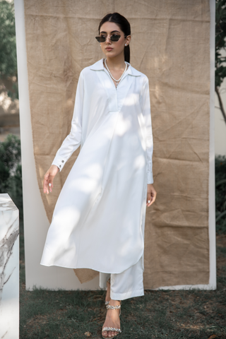 White shirt collar Kameez/ Kurta from our Manto Mira collection. Premium quality and comfortable Manto fabric with Trouser/ Pajama Pants.